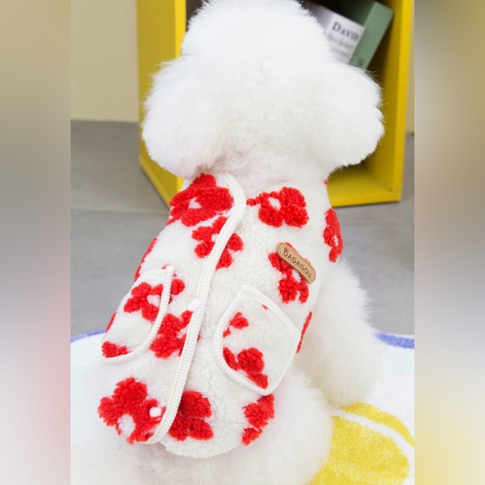 Red & White Floral Fleece Crew Neck Toy Dog Vest W/Pockets | Small | New